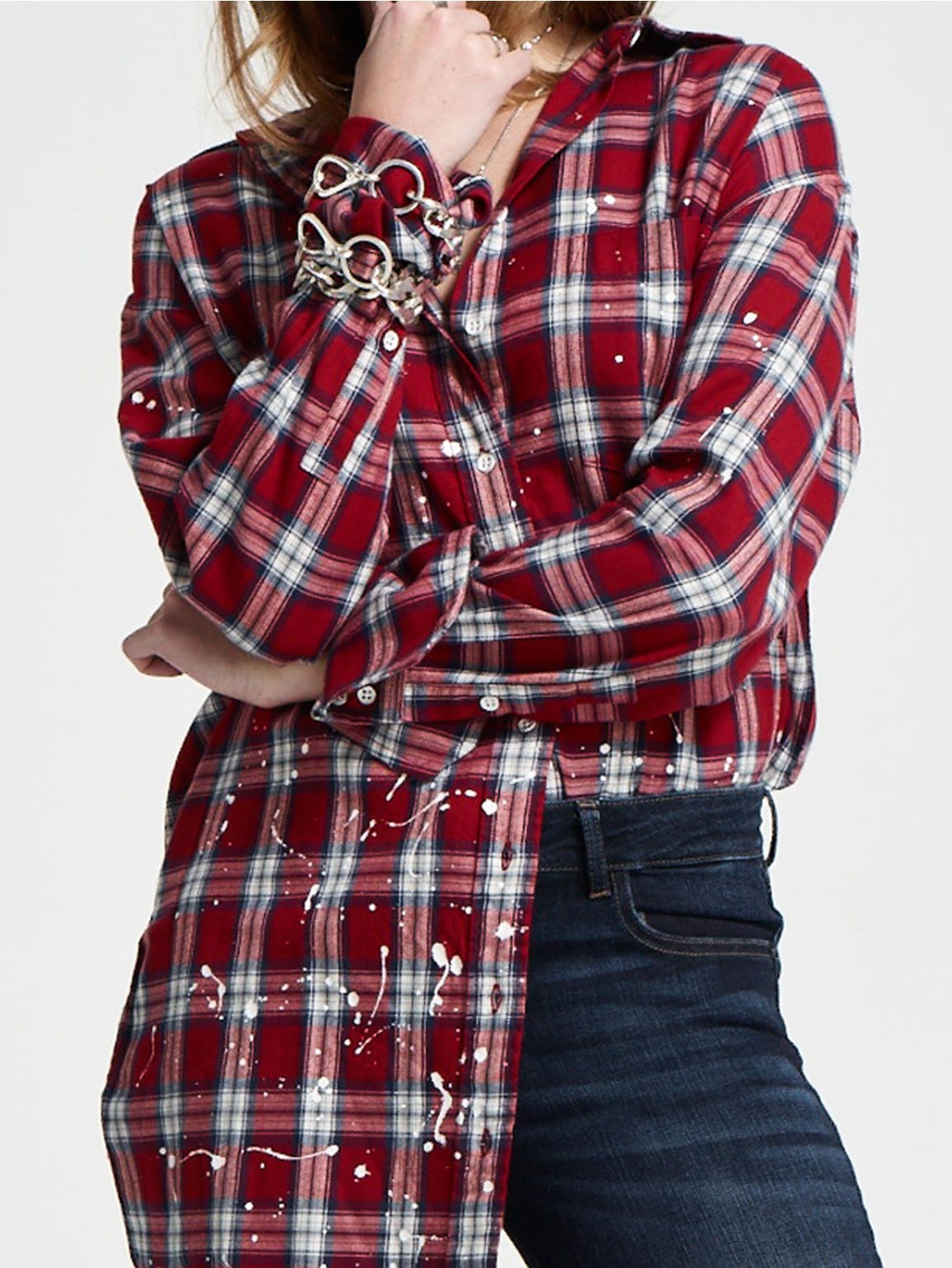 Women Shirt - Rivington & Essex Oversize Dress Red Plaid W. Paint Splatters - DL1961